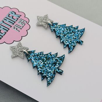 Blue And Silver Glitter Christmas Tree Earrings / Festive Holiday Jewellery / Christmas Gift / Secret Santa Gift, 3 of 4