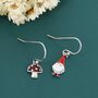 Mismatched Gnome And Mushroom Drop Hook Earrings In Sterling Silver With Hand Painted Enamel, thumbnail 1 of 7