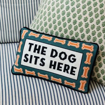 'The Dog Sits Here' Needlepoint Pillow, 2 of 6