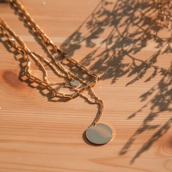 Disc Pendant Layered Gold Necklace With Three Chains, 4 of 9