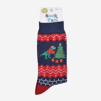 Men's Bamboo Socks T Rex Christmas Tree Navy, 5 of 5