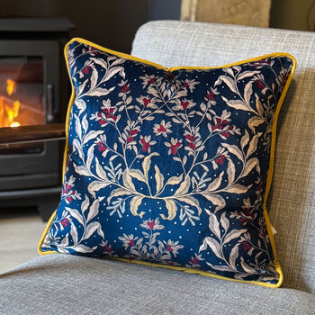 Luxury Velvet Cushion Winter Navy Blue And Gold Optional Piping, 2 of 5