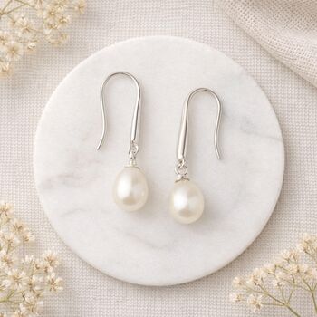 Sterling Silver White Freshwater Pearl Drop Earrings – 8mm, 3 of 6
