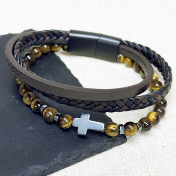 Personalised Beaded And Stacked Leather Cross Bracelet, 5 of 6