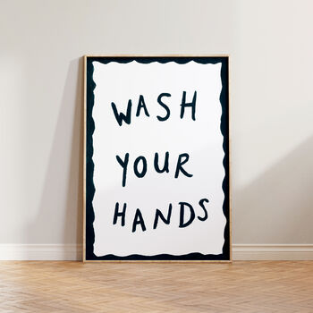 Wash Your Hands Dark Blue Bathroom Hand Painted Print, 2 of 7