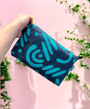 Handprinted Boxy Pouch Turquoise Squiggles On Dark Grey, 2 of 5