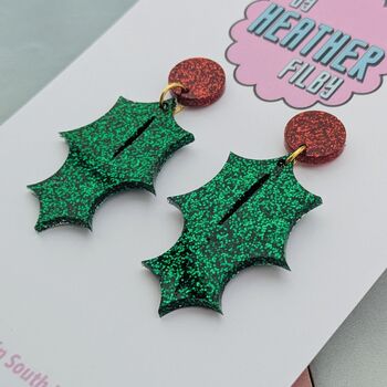 Holly Leaf Glitter Resin Christmas Earrings, 4 of 4