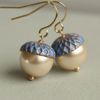 Royal Blue Pearl Gold Acorn Earrings, 7 of 12