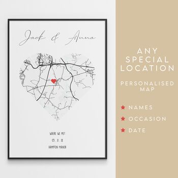 Valentines Gift Personalised Map Print Of Any Location, 2 of 4