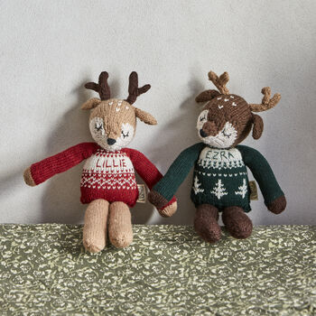 Personalised Reindeer Toy In Green Christmas Jumper, 2 of 3