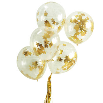 Pack Of Five Gold Star Confetti Clear Party Balloons, 2 of 3