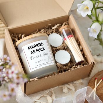 Married As Fuck Personalised Candle, Funny Wedding Gift For Couple, 3 of 9