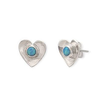 Sterling Silver Blue Opal Heart Stud Earrings, 2 of 6