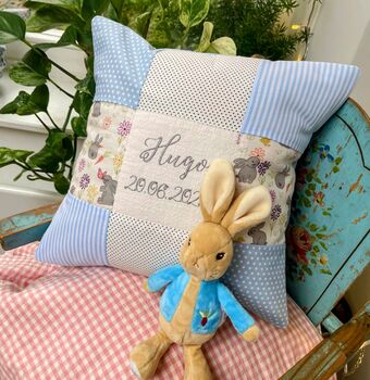 Personalised Blue And Grey Bunny Name Cushion, 3 of 6