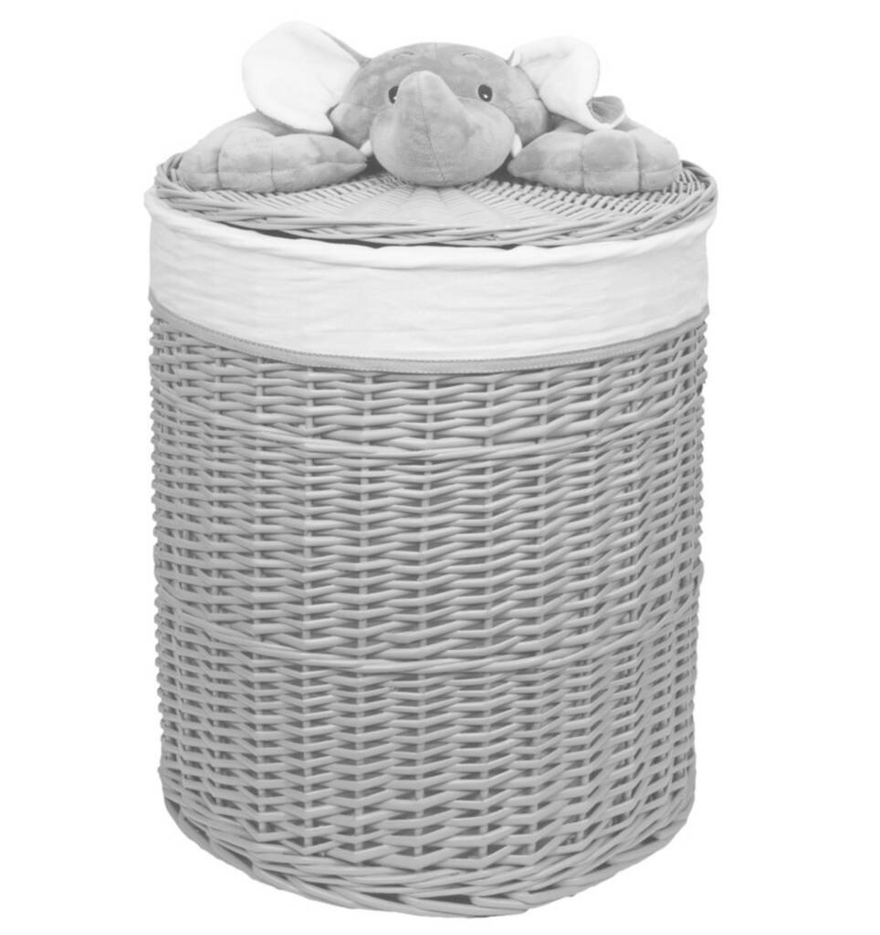 Medium 56cm Grey Wicker Laundry Basket With Elephant By Animal Crackers
