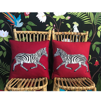 Running Zebra Cushion In Hand Embroidered Red Wool, 2 of 3
