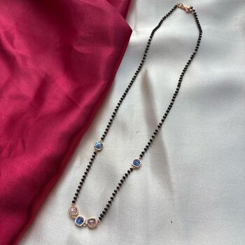 Black Bead 18ct Gold Plated Blue Stone Slim Mangalsutra Necklace, 5 of 10