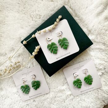 Monstera Marbled Leaf Polymer Clay Earrings, 2 of 4