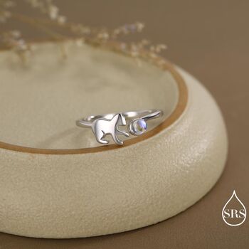 Sterling Silver Cat Playing With Ball Ring With Lab Created Moonstones, 3 of 12