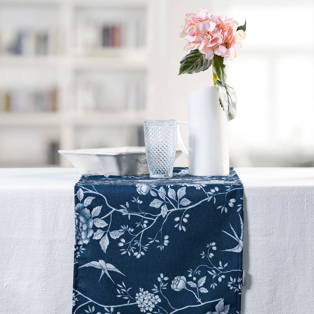 Luxury Linen Like Floral Table Runner Cecylia Navy, 1 of 4