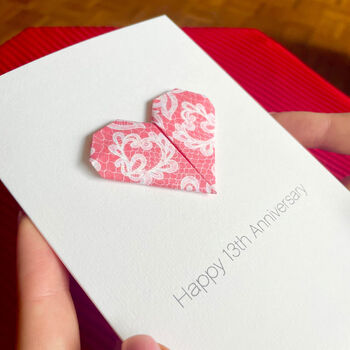 Personalised 13th Lace Anniversary Origami Heart Card, 3 of 6