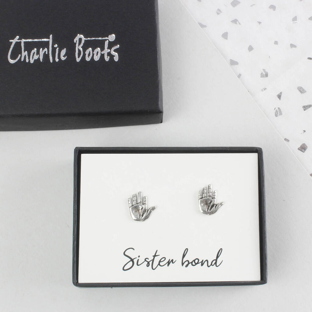 Silver Hands Stud Earrings For Sisters, 1 of 7