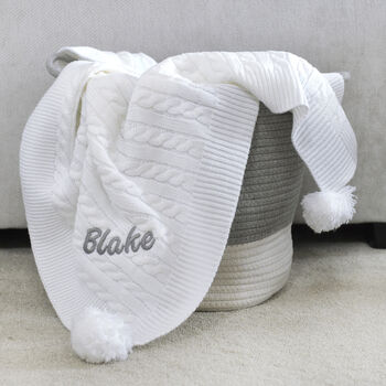 Personalised Cable Knit Pom Pom Blanket White, 6 of 11