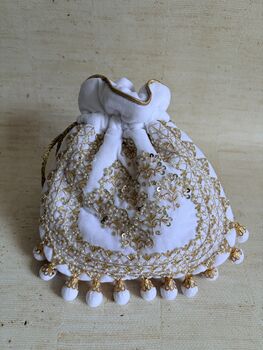 White Velvet Handcrafted Luxury Potli/Wrist Bag, 6 of 7