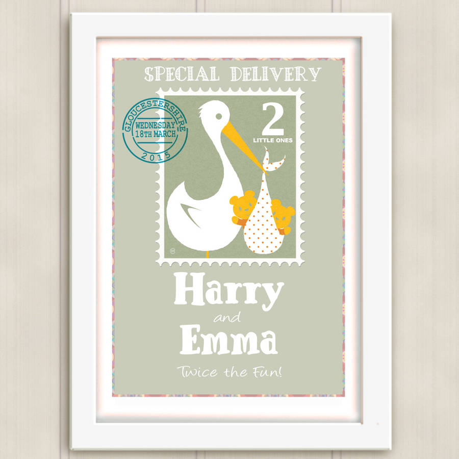 Personalised Twins 'Special Delivery' New Babies Print, 1 of 5