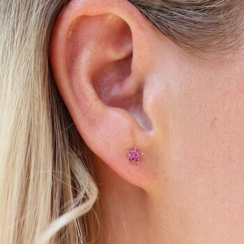 Sterling Silver Twinkling Pink Cz Star Stud Earrings, 4 of 8