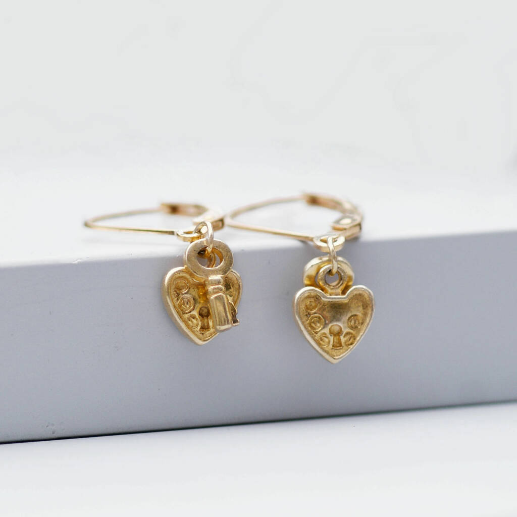 gold padlock and key heart drop earrings by amulette ...