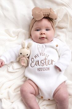 My First Easter Embroidered Personalised Ears Baby Romper Three Colours Available, 2 of 12