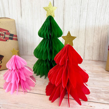 Christmas Honeycomb Tree Decorations Green, Red And Pink Set Of Three, 3 of 4