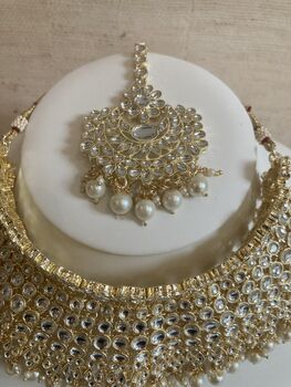 Gold Plated White Kundan Indian Choker Set, 7 of 9