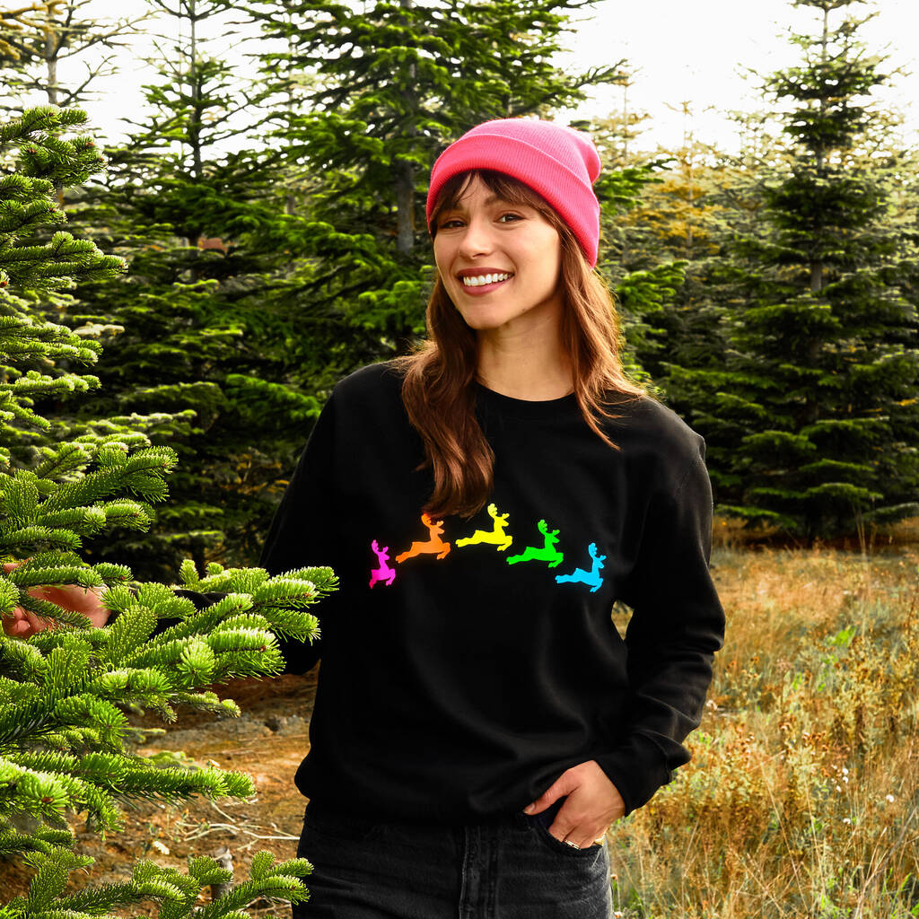 Neon Rainbow Reindeers Christmas Sweatshirt Jumper, 1 of 7