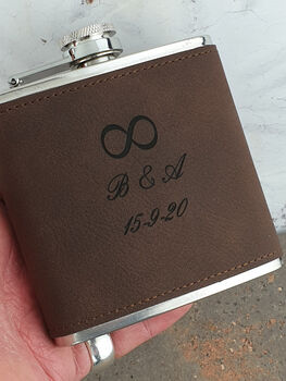 Personalised Soft Brown Leather Infinity Hip Flask, 2 of 6