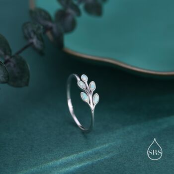 Sterling Silver Aqua Green Opal Olive Leaf Ring, 6 of 12