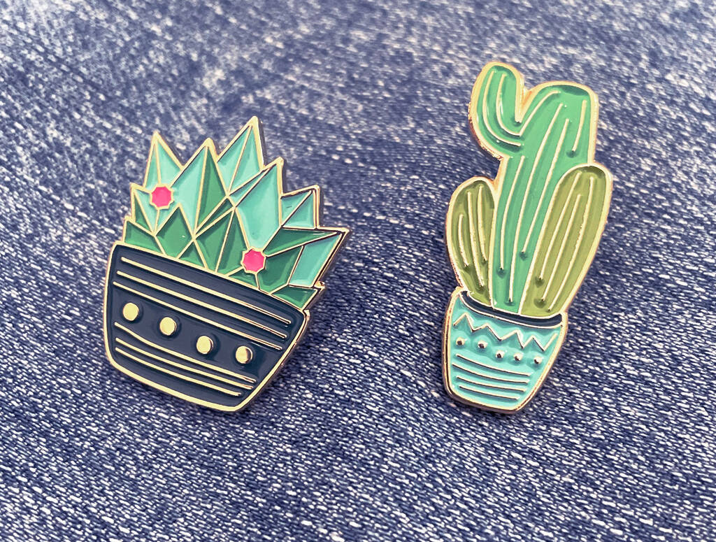 Blue And Pink Enamel Cactus Pin With Gold Metal By Piki Dear