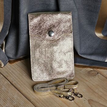 Metallic Leather Cross Body Phone Bag In Gold, 2 of 3