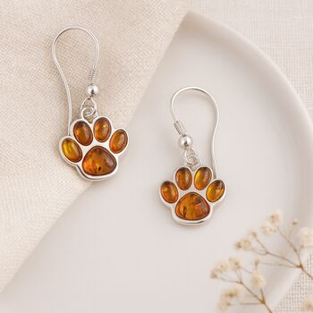 Sterling Silver Baltic Amber Paw Print Drop Earrings, 4 of 5
