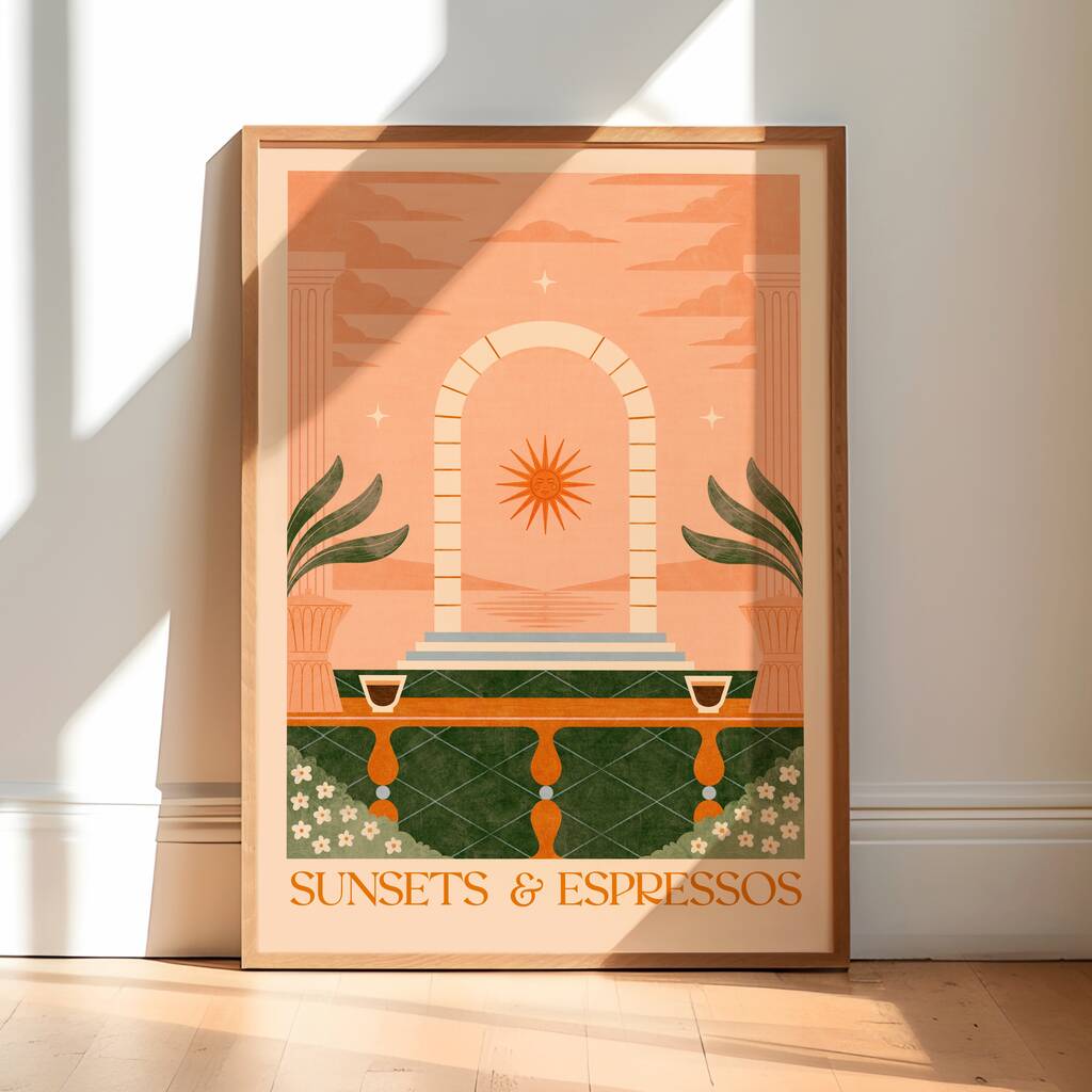 Sunsets And Espressos, Coffee Poster Boho Sun Food And Drink Art Print, 1 of 3