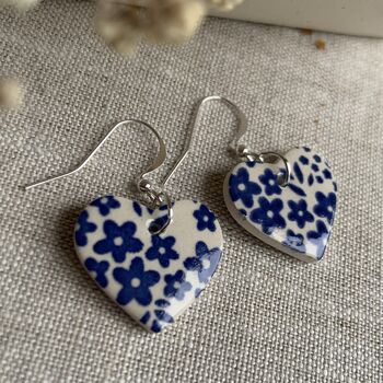 Blue Flower Ceramic Heart Earrings, 8 of 10