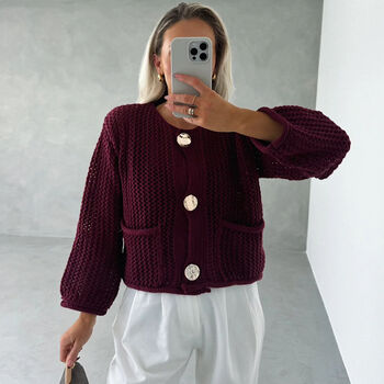 Burgundy Crop Cardigan Gold Buttons, 2 of 4