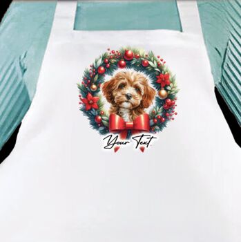 Dog Christmas Wreath Personalised Apron. Multiple Breeds And Colour Options, 5 of 12