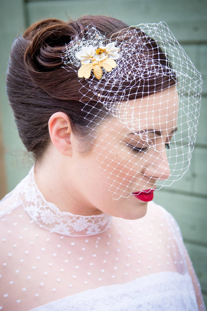 Gold Bee And Flower Short Birdcage Wedding Veil By Silver Sixpence
