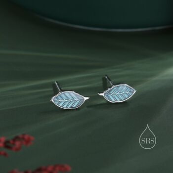 Enamel Beech Leaf Stud Earrings In Sterling Silver, 4 of 11