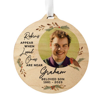 Personalised Robin Photo Memorial Wooden Bauble – Christmas Keepsake, 5 of 5