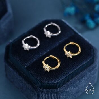 Clear Cz Flower Huggie Hoop Earrings In Sterling Silver, 4 of 11