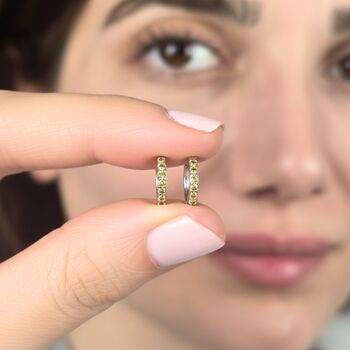 Peridot August Birthstone Small Silver Huggie Hoops, 2 of 5