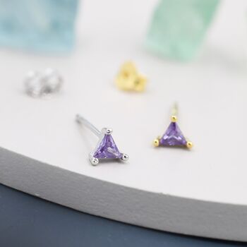 Tiny Amethyst Purple Cz Triangle Stud Earrings, 2 of 10